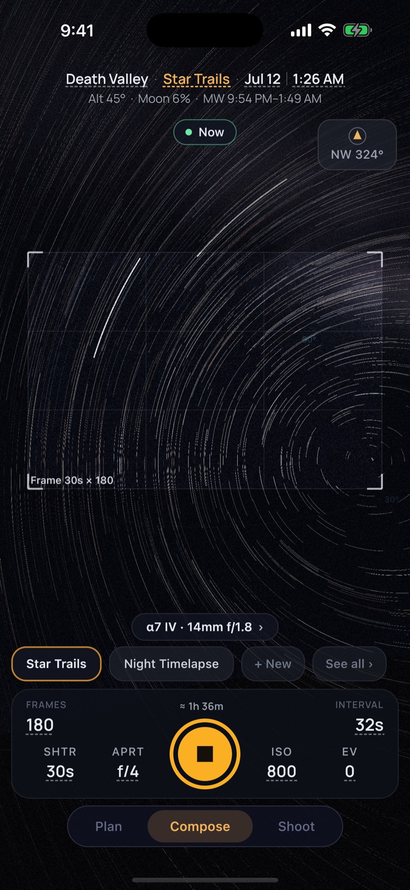 AstroOwl Compose mode simulating a star-trail exposure: concentric star trails circling the celestial pole inside the camera’s framing reticle, with the technique strip and the 180-frame capture cluster below.