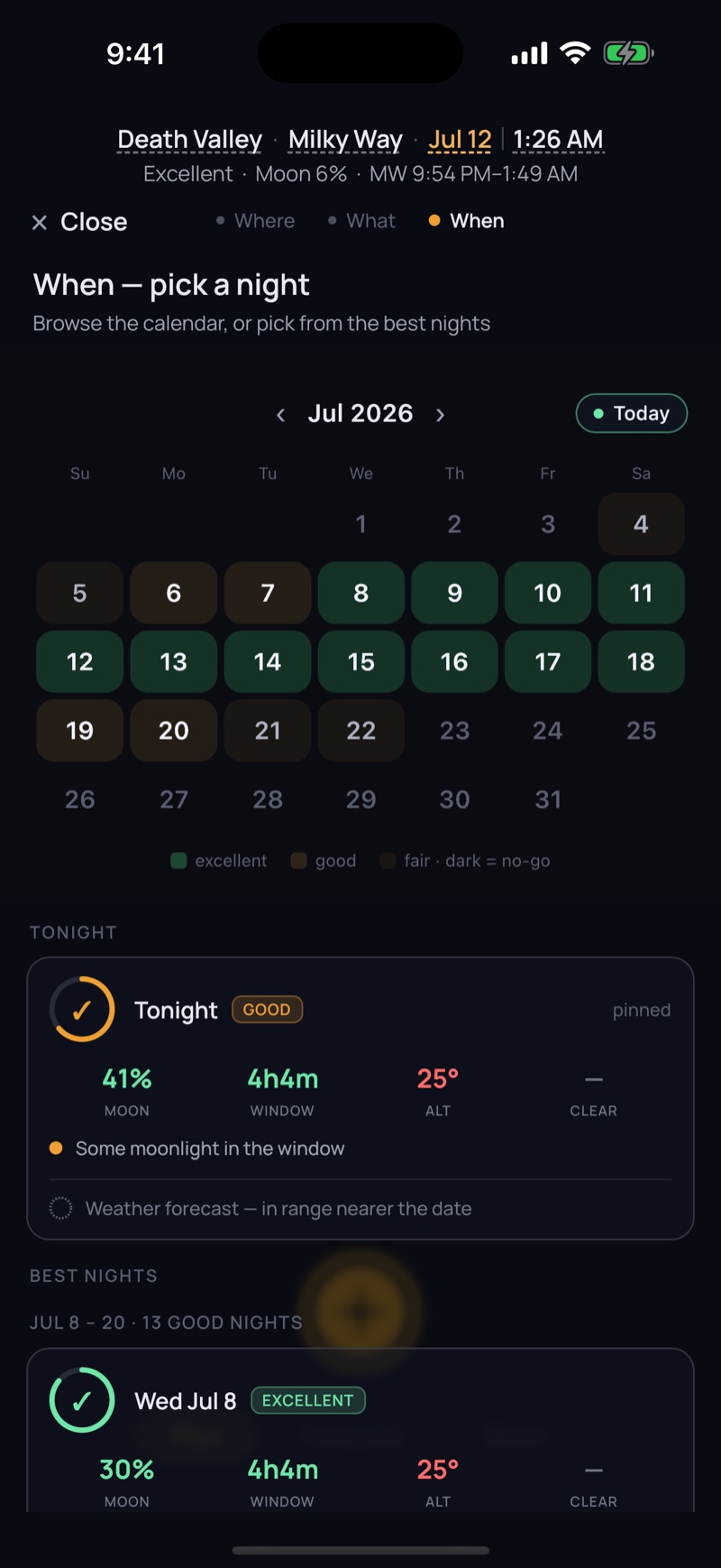 AstroOwl’s When picker: a July calendar with each night colour-graded excellent, good or fair, above a ranked list of the best upcoming nights with moon, window and altitude.
