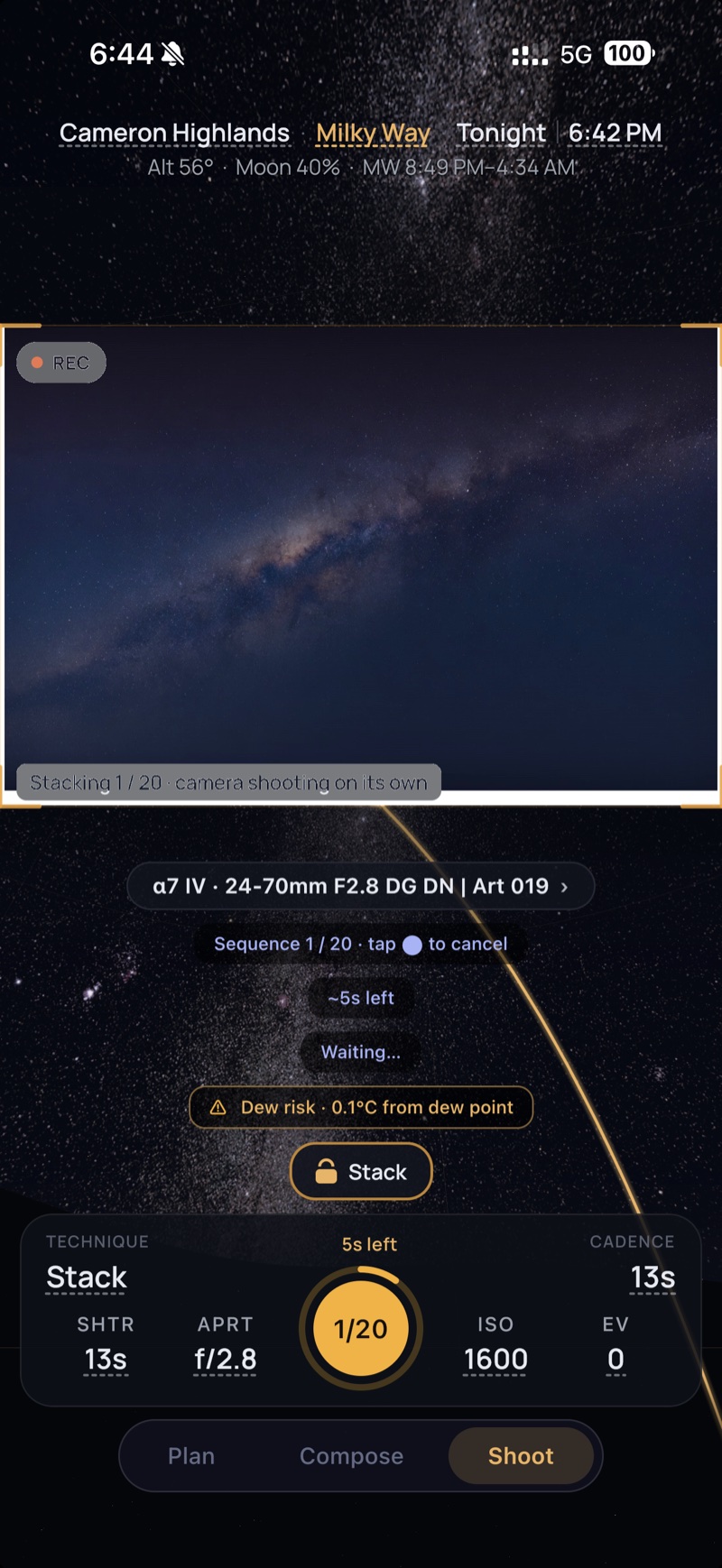 AstroOwl Shoot mode connected to a Sony a7 IV, mid-capture: a live Milky Way frame marked REC and ‘Stacking 1 / 20 · camera shooting on its own’, above the running Stack sequence and its capture cluster.